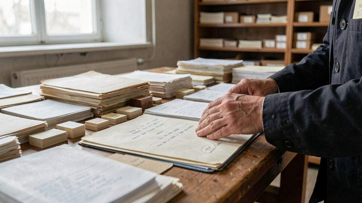 Une table de travail d'archiviste dans une réserve de musée, dossiers et fiches rangés, lumière naturelle latérale, cadrage rapproché sur les mains et les documents.