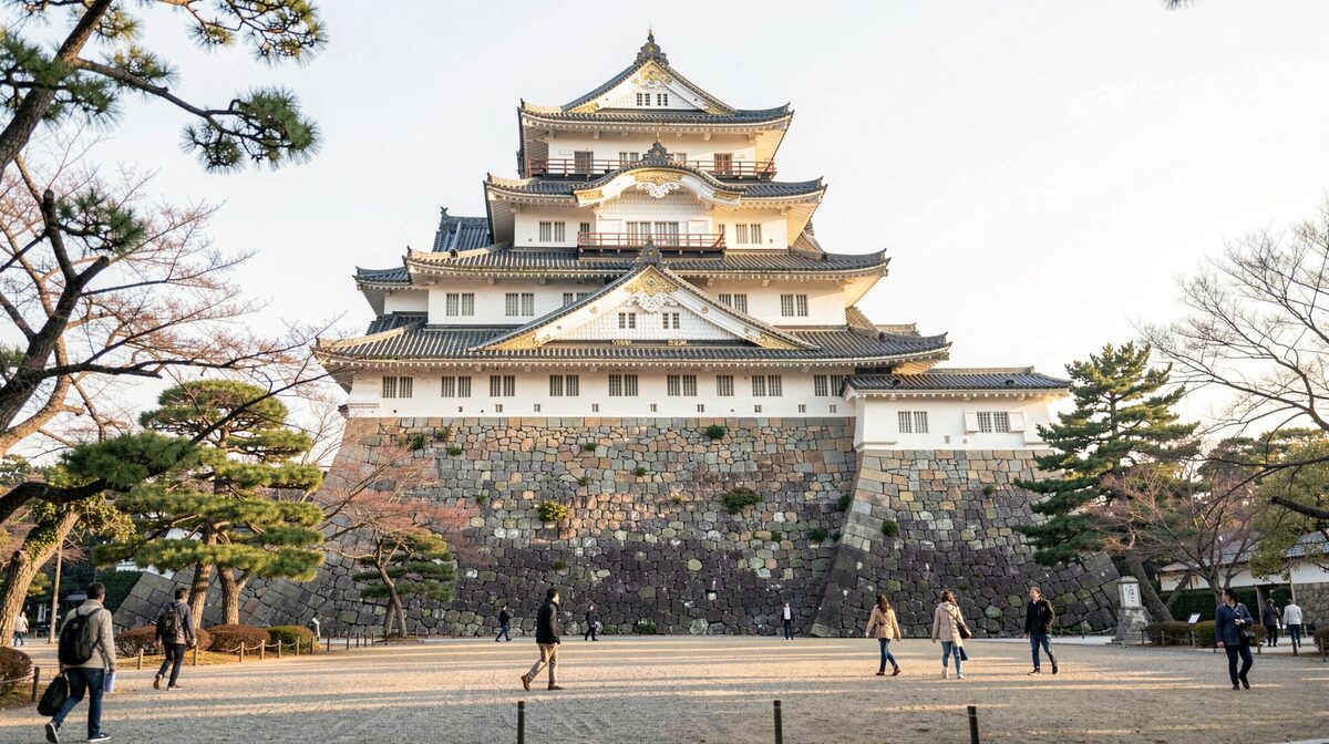 La façade en pierre du château de Himeji sous une lumière matinale douce, cadrage large avec quelques passants au premier plan.