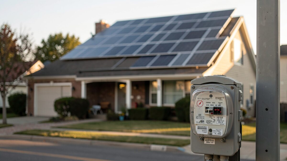 Une toiture de maison américaine couverte de panneaux solaires sous une lumière de fin d'après-midi, cadrée depuis la rue avec le compteur électrique en premier plan.