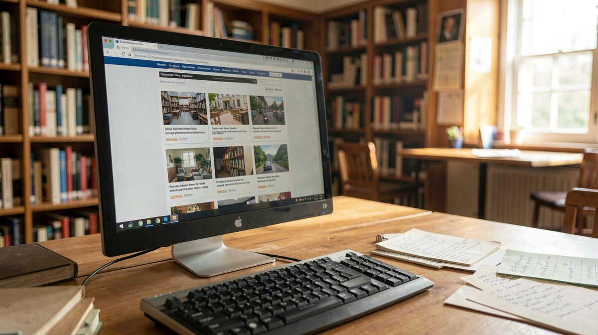 Un écran d'ordinateur affichant des archives web, dans une bibliothèque, lumière naturelle latérale du matin, cadrage rapproché sur le clavier et les notes manuscrites.