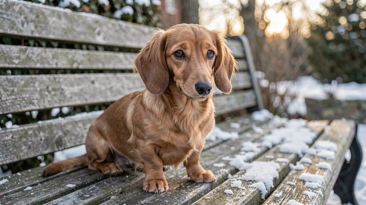 Un teckel nain au poil ras posé sur un banc de bois dans un jardin suédois, lumière d'hiver basse, cadrage rapproché au niveau du chien.