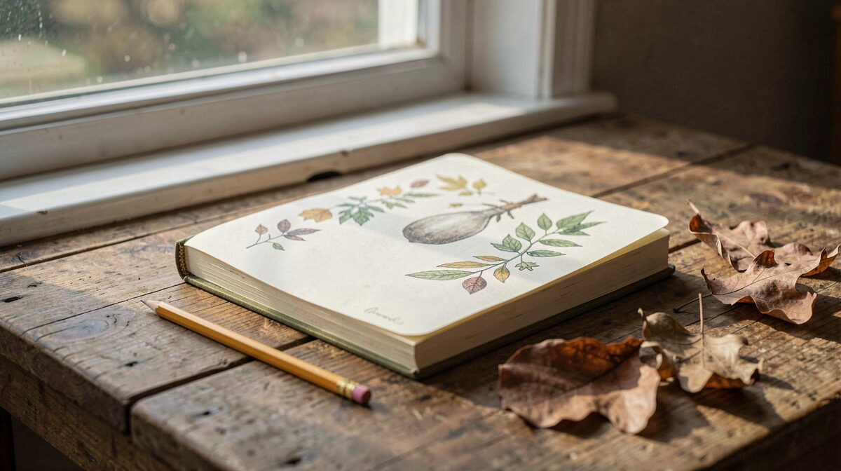 Un carnet de notes naturaliste posé sur une table en bois près d'une fenêtre, avec un crayon et des feuilles séchées, éclairé par une lumière douce du matin.