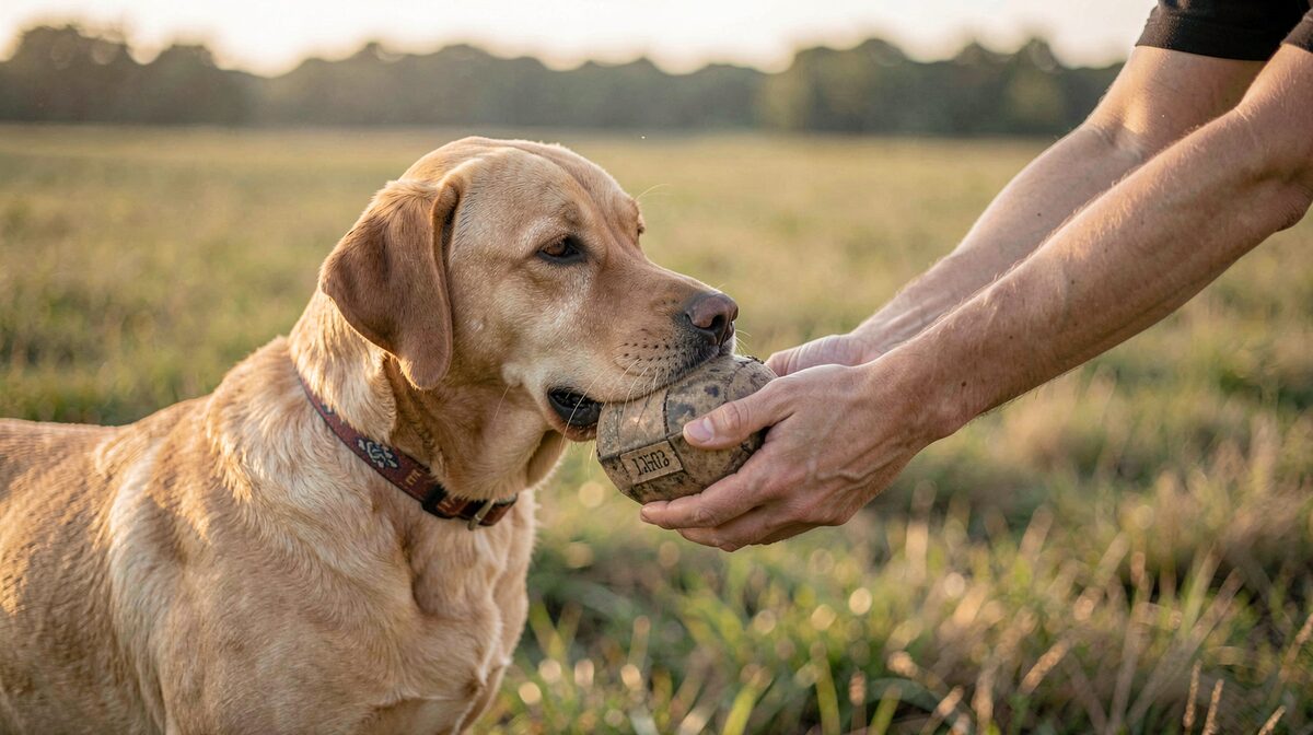 Un labrador rapportant un dummie dans la main de son conducteur au bord d'un champ, lumière douce de fin de journée, cadrage à hauteur de chien.