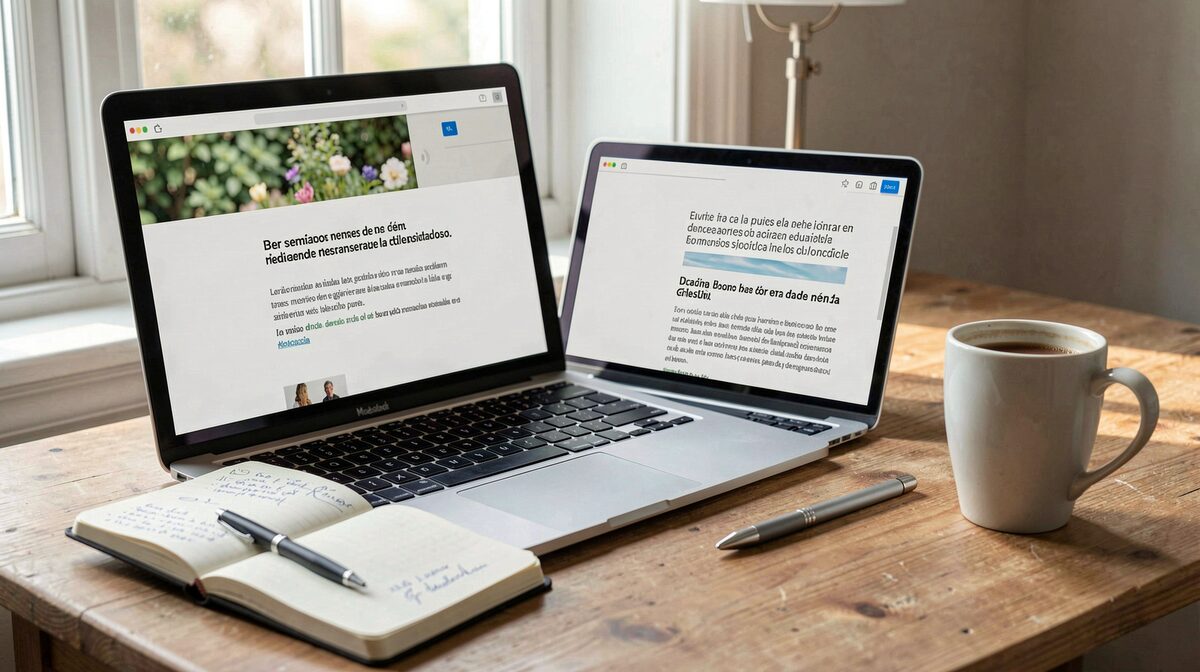 Sur un bureau en bois près d'une fenêtre, un ordinateur portable ouvert affiche un article en espagnol, à côté d'un carnet annoté et d'une tasse, avec une lumière naturelle latérale du matin.