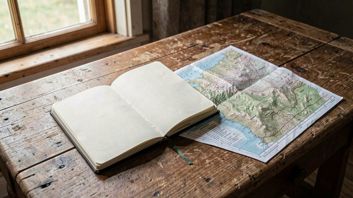Un cahier de relevés ouvert sur une table en bois de ferme, à côté d'une carte topographique annotée, lumière du matin entrant par une fenêtre, cadrage en plongée légère.